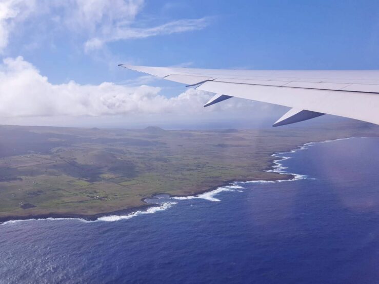 We are flying over Easter Island. Rapa Nui Hanga Roa