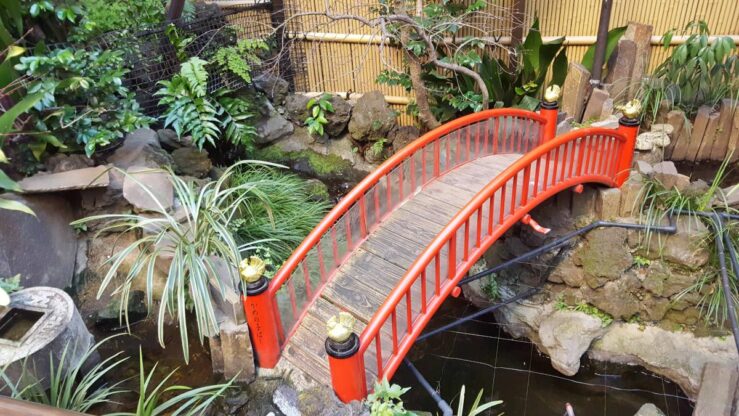 Small traditional Japanese garden near a ryokan in Bunkyo, Tokyo, with rocks, plants, and a pond