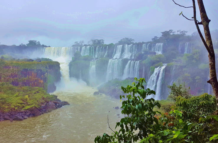 Panoramic view of the falls between Argentina and Brazil surrounded by subtropical rainforest