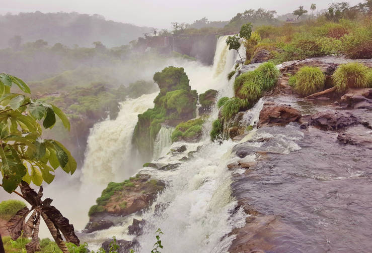 Close-up of water pouring over a cliff edge at Iguazú Falls