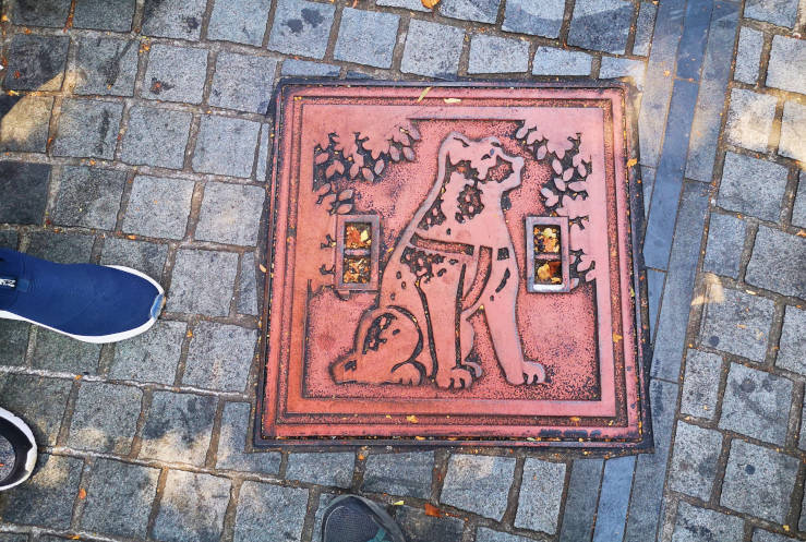 Tiny metal Hachiko figure set into the pavement outside Shibuya Station Tokyo