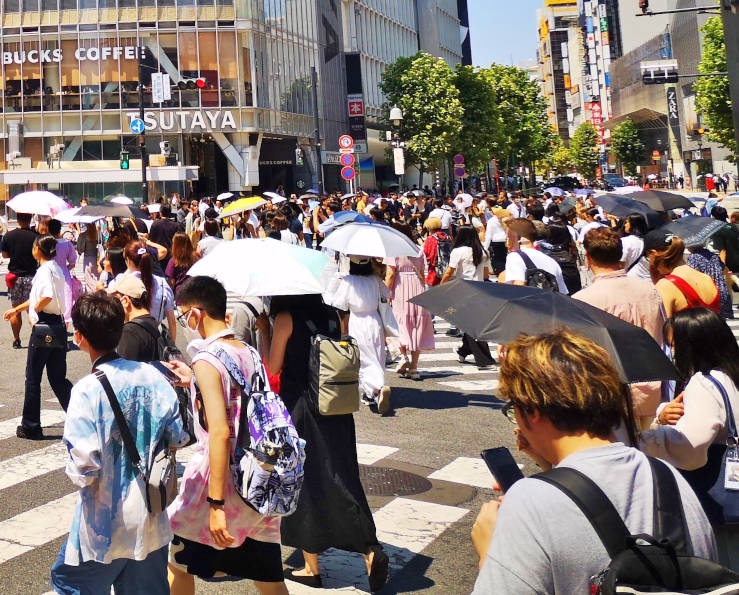 Crowds of pedestrians crossing Shibuya Crossing in Tokyo surrounded by tall buildings
