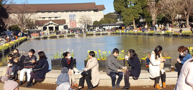 People sitting on a park bench chatting beneath trees in Ueno Park Tokyo