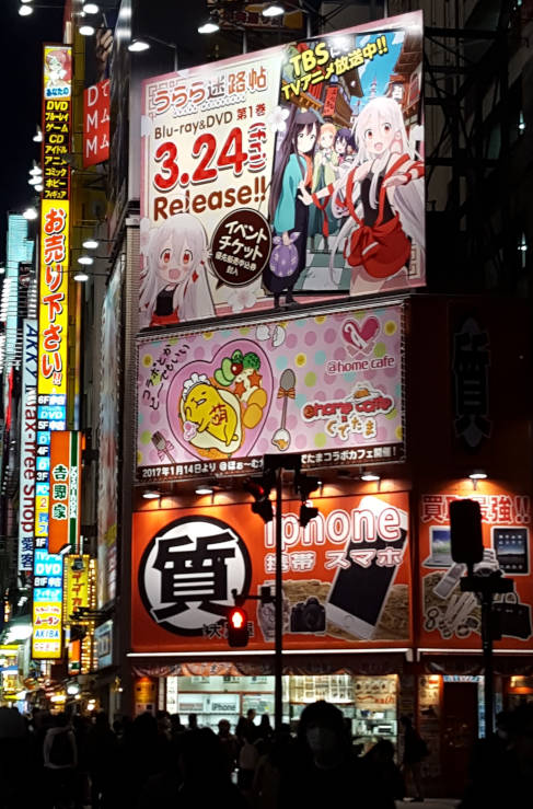 Akihabara Tokyo at night with neon lights, busy streets, and illuminated electronic shop signs in the entertainment district