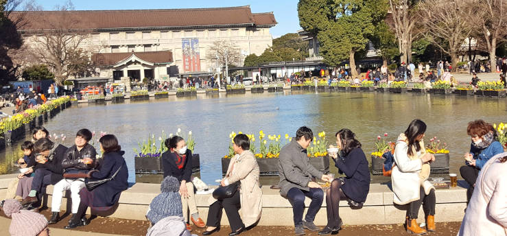 People sitting and chatting by the lake in Ueno Park during early spring in Tokyo