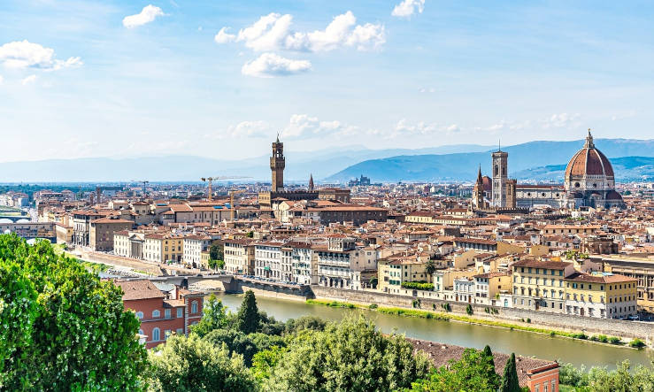 View of Florence from Piazzale Michelangelo overlooking the Duomo and historic city centre
