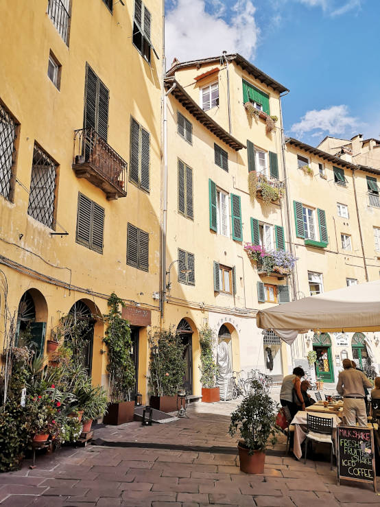 Curved historic façades surrounding Piazza dell'Anfiteatro in Lucca, Tuscany, Italy