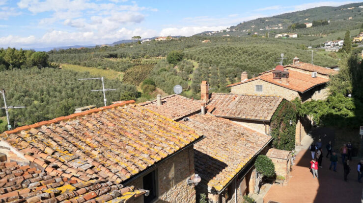 Tuscan countryside near Vinci with tiled rooftops, olive groves, vineyards, and distant mountains